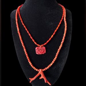 Sterling Silver Oxblood Coral Double Stranded Carved Rose Estate Necklace Signed